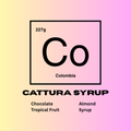 Cattura Syrup label with a gradient background and 'Co' symbol. Flavors of chocolate, almond, tropical fruit, and syrup.