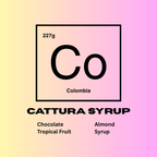 Cattura Syrup label with a gradient background and 'Co' symbol. Flavors of chocolate, almond, tropical fruit, and syrup.