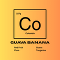 Coffee label with 'Co' for Colombia, 'Guava Banana' flavor description, and fruit components on a yellow and orange gradient background. Flavors of red fruit, plum, guava, and tangerine.