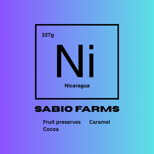 Sabio Farms label with a gradient background and 'Ni' symbol to reflect Nicaragua. Flavors of Fruit preserves, Caramel, and Cocoa.